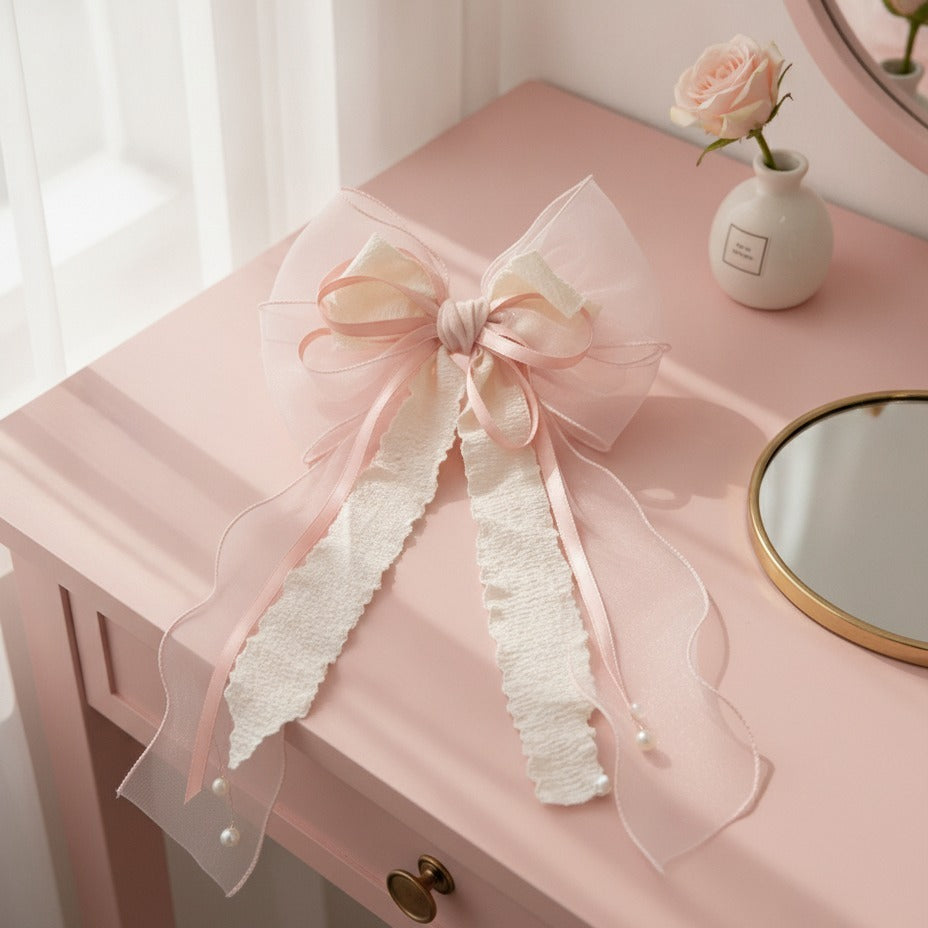 Sheer Bow Hair Claw - Peach Pink