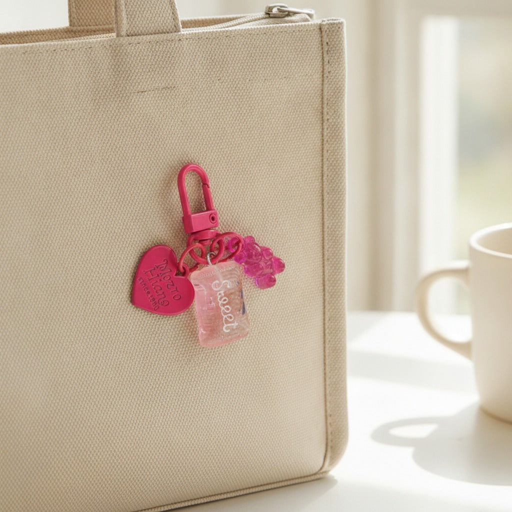 Candy Bear Heart Charm Keychain - Rose Red