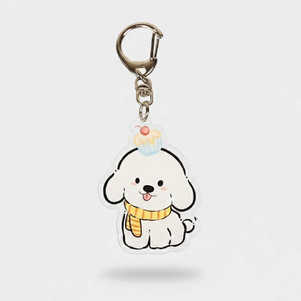 Cute White Puppy Cupcake Acrylic Keychain – novelty & toys (view 1)