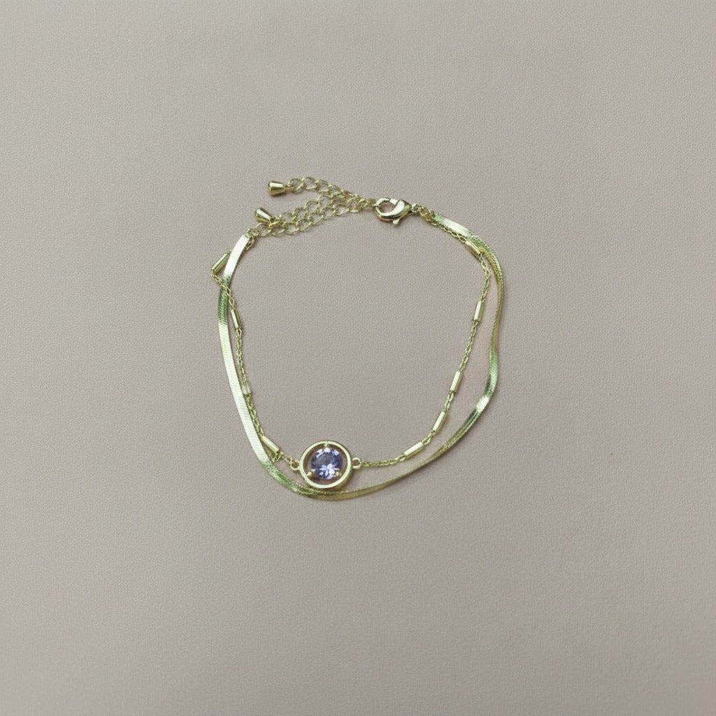 Layered Chain Bracelet with Stone - Gold