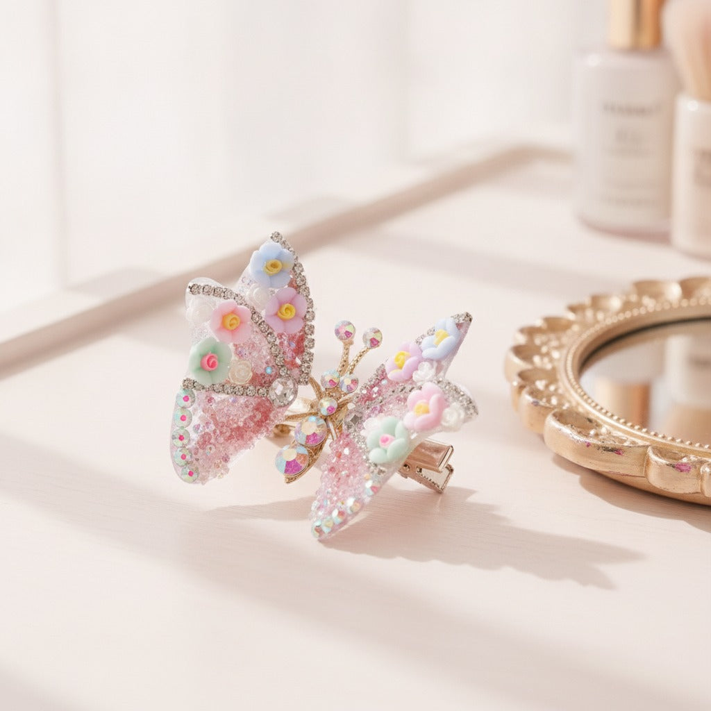 Sparkle Butterfly Hair Claw - Floral Pink