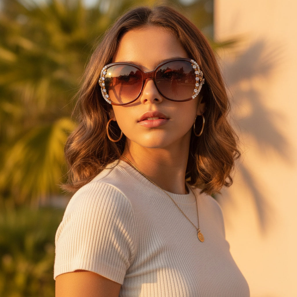 Rhinestone Oval Gradient Sunglasses Gradient Brown