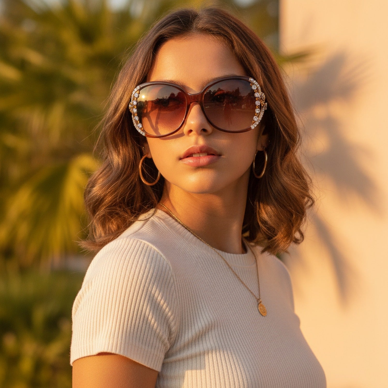 Rhinestone Oval Gradient Sunglasses Gradient Brown