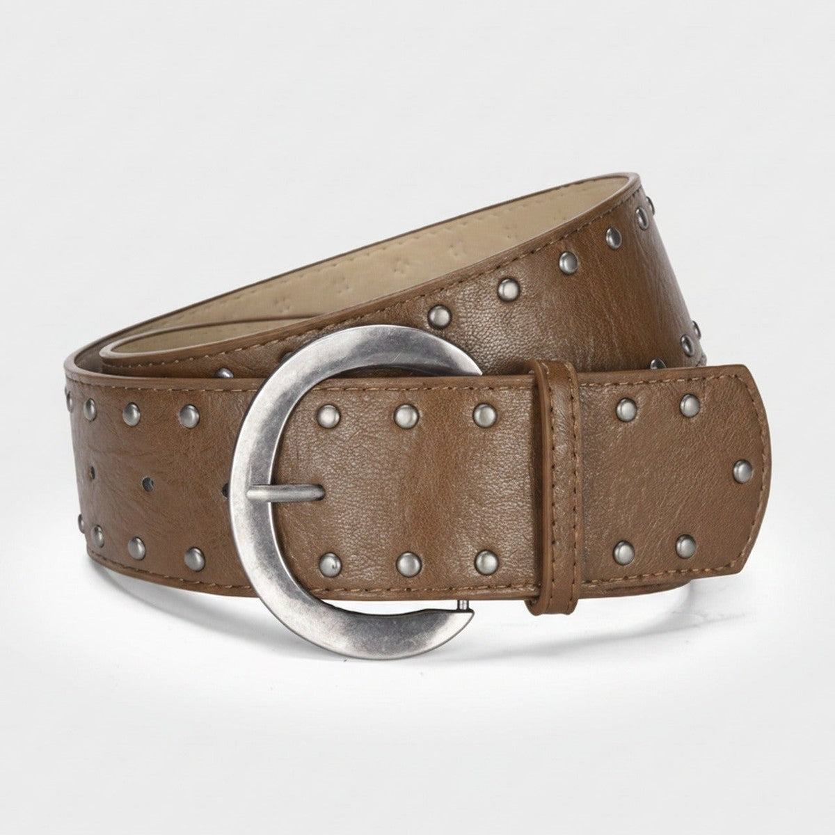 Studded Brown Leather Circle Buckle Belt – scarves & belts (view 1)