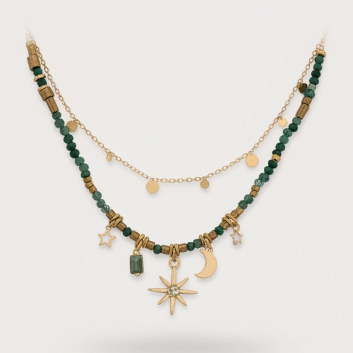Green Beaded Charm Necklace Set with Star Moon Pendants – jewelry (view 1)