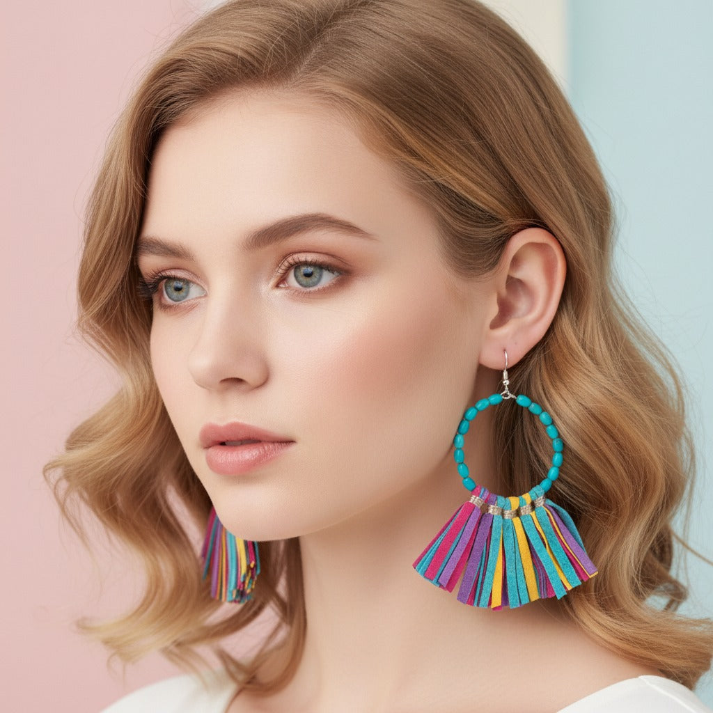 Beaded Tassel Dangle Earrings - Multicolor