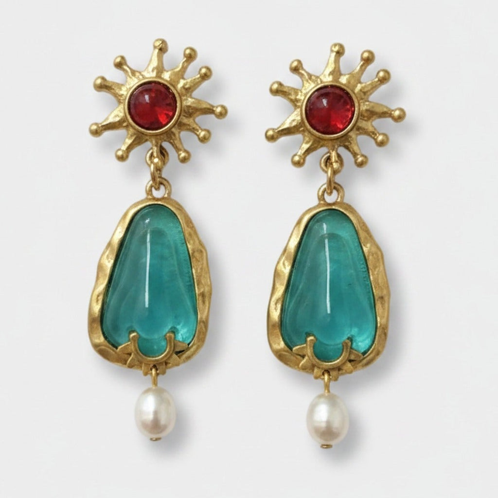 Celestial Pearl Drop Earrings Gold & Teal