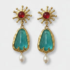 Celestial Pearl Drop Earrings Gold & Teal