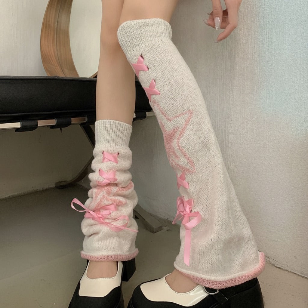 Star & X Knit Crew Socks - White & Pink