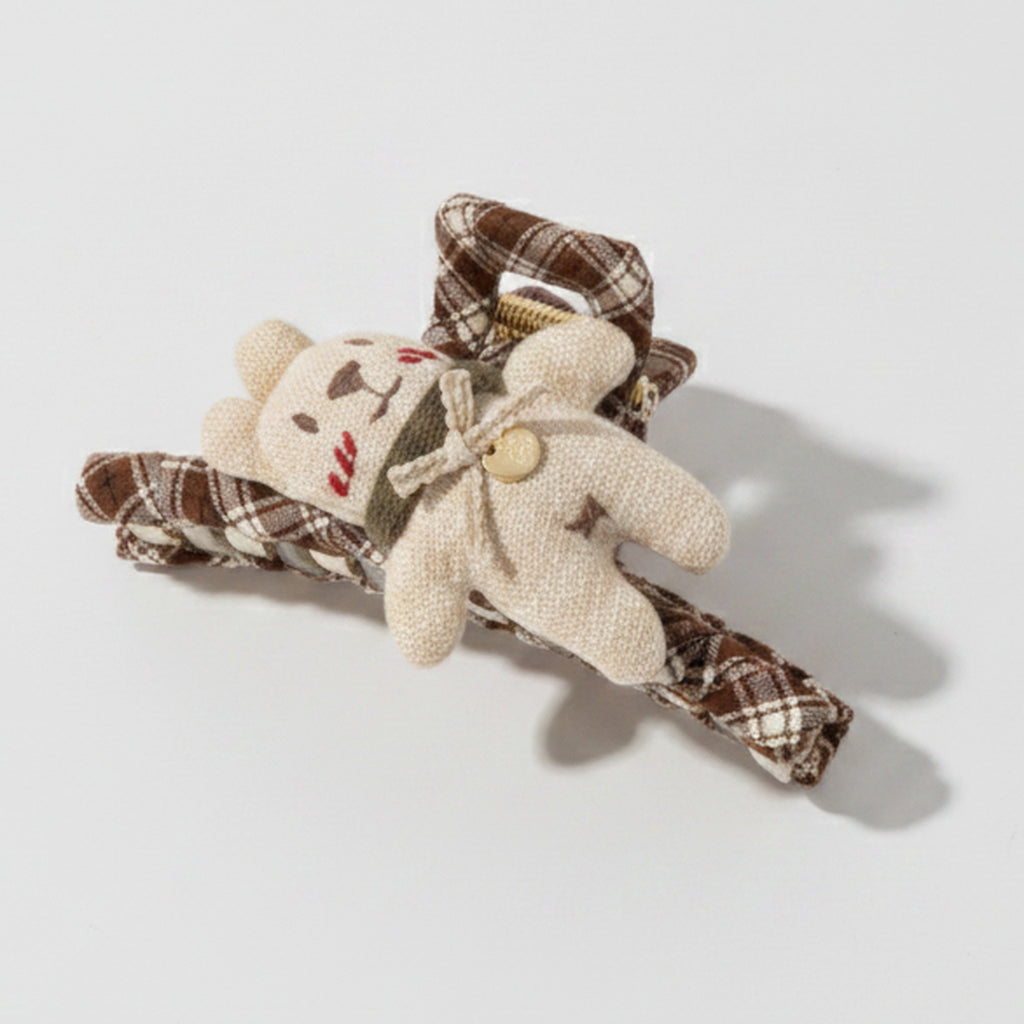 Brown Plaid Hair Claws With Teddy Bear Charm – hair accessories (view 1)