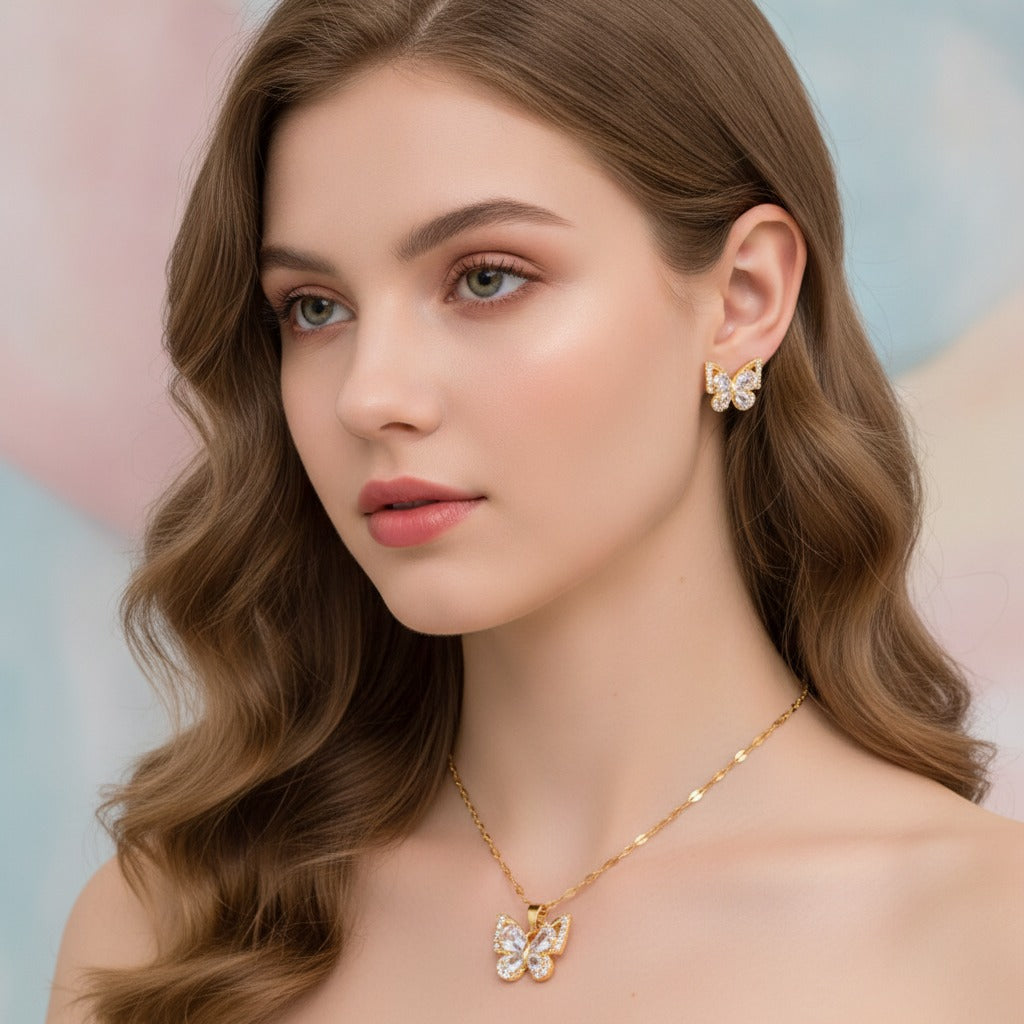 Butterfly Sparkle Necklace & Earring Set - Gold
