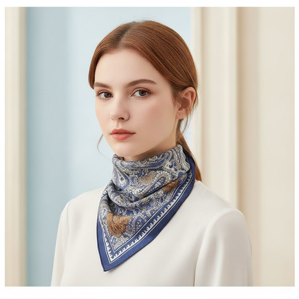 Ornate Paisley Bandana Scarf - Navy & Tan