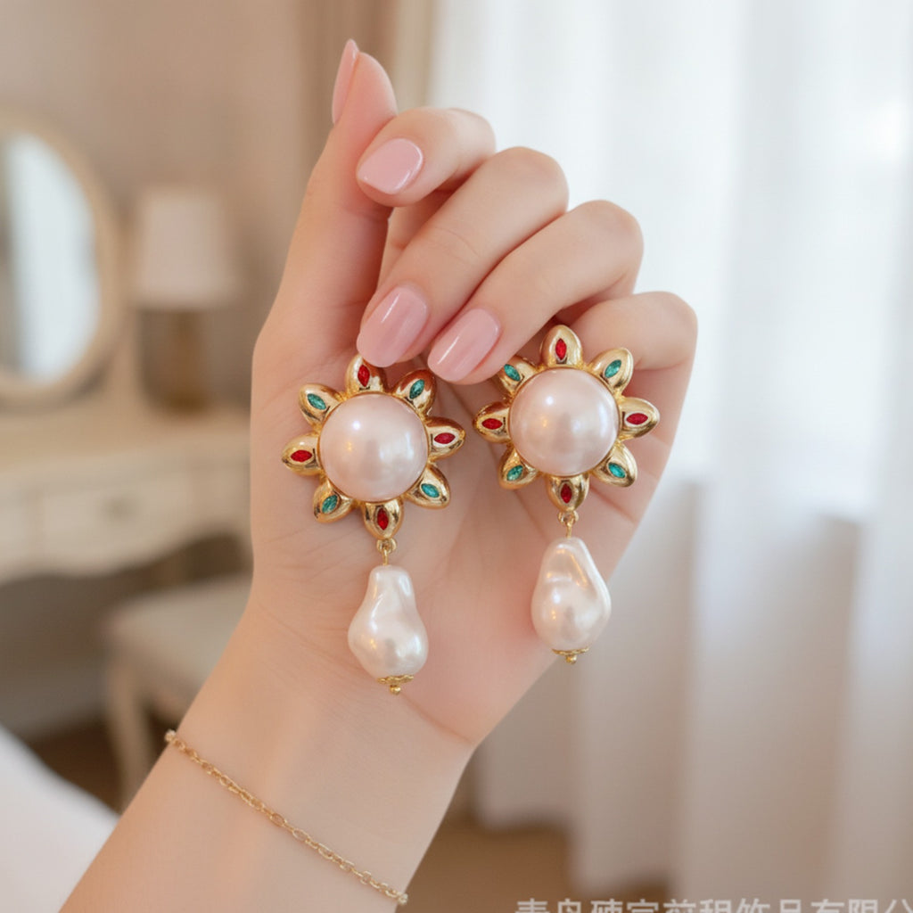 Pearl Drop Flower Statement Earrings Pearl & Gold