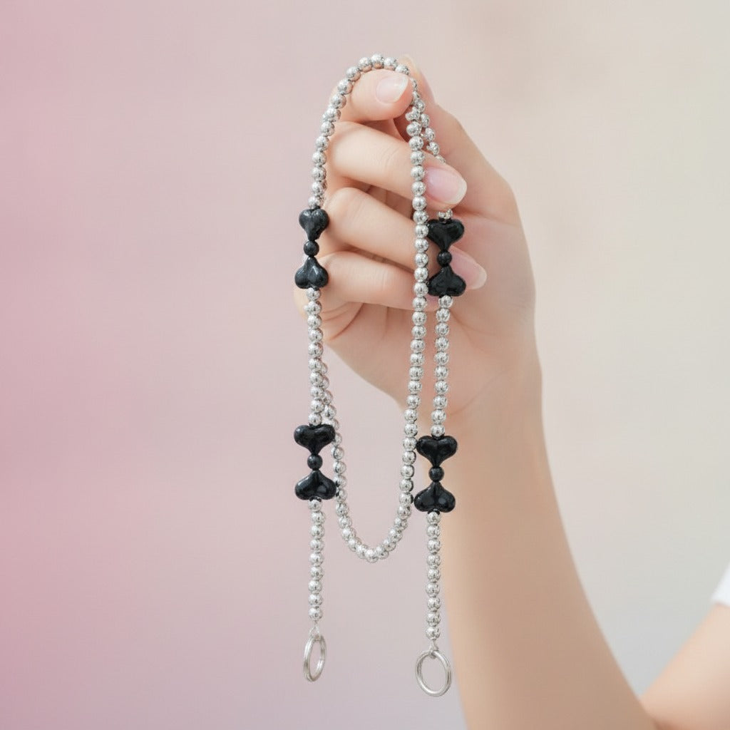 Double Heart Pearl Keychain - Black