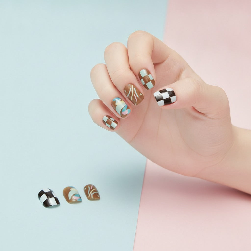 Mixed Pattern Nail Art Set - Checkerboard & Floral Mix