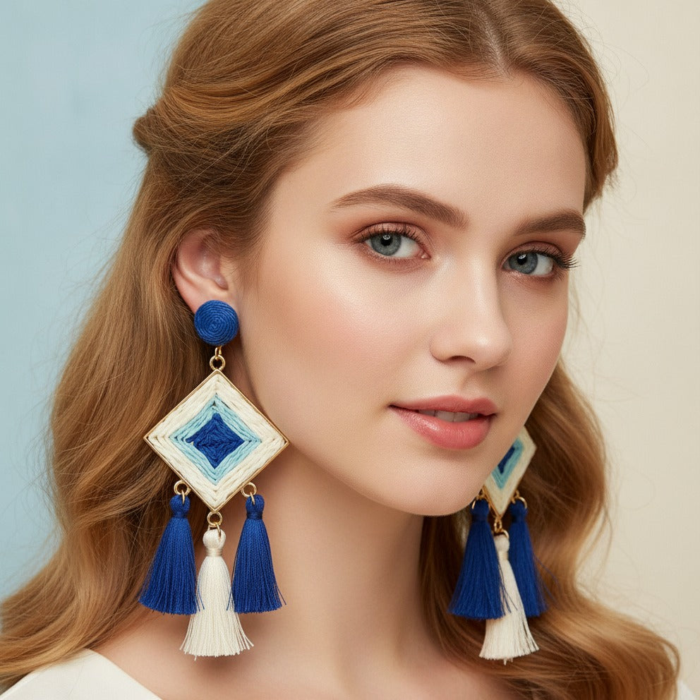 Woven Diamond Tassel Dangle Earrings - Blue