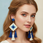 Woven Diamond Tassel Dangle Earrings - Blue