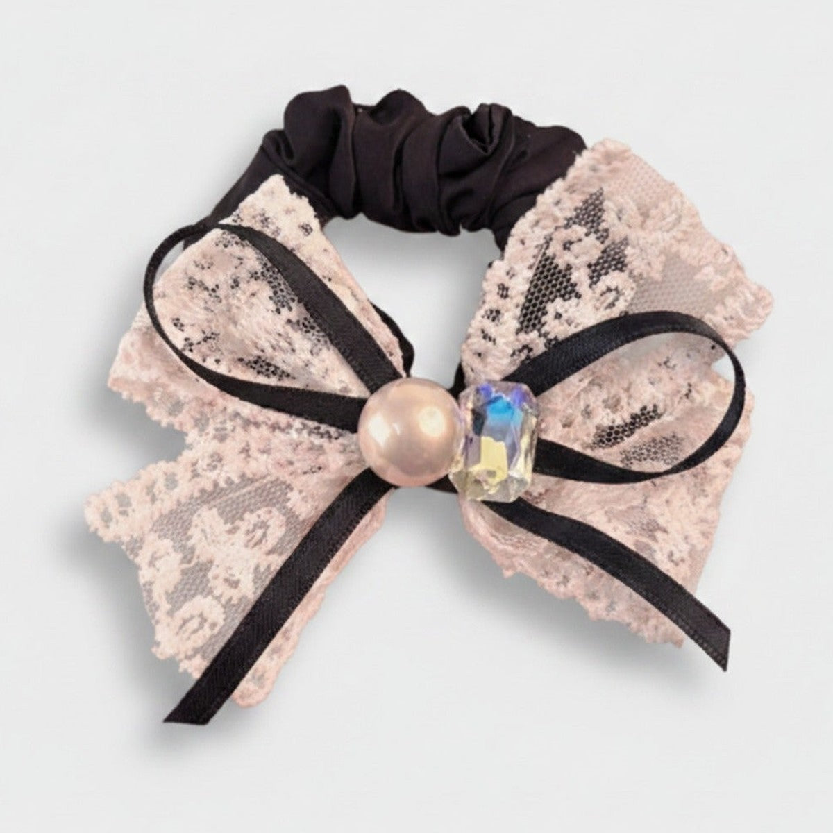 Lace Bow Pearl Hair Scrunchie Black Pink – hair accessories
