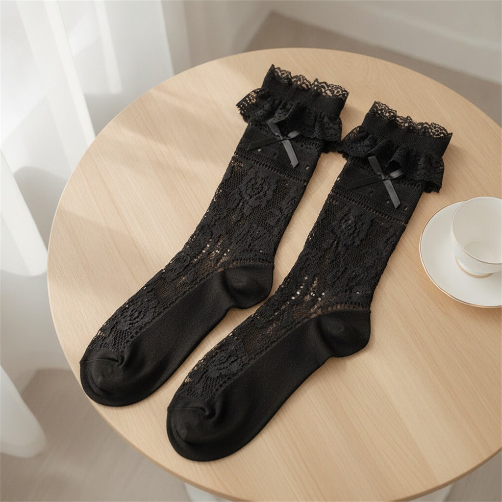 Lace Ruffle Knee High Socks - Black
