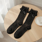 Lace Ruffle Knee High Socks - Black