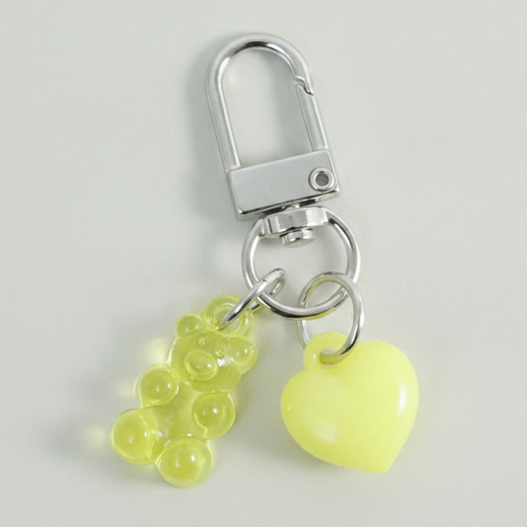 Beaded Bear & Heart Charm Keychain - Clear Bear & Yellow Heart