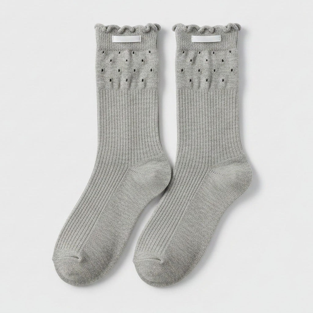 Light Gray Eyelet Ruffle Trim Crew Socks – apparel accessories (view 1)