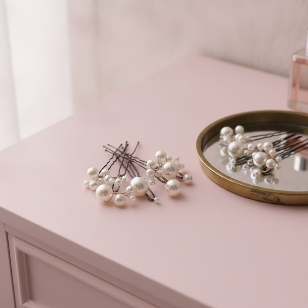 Pearl Hair Pin Set - Coffee & White Pearl