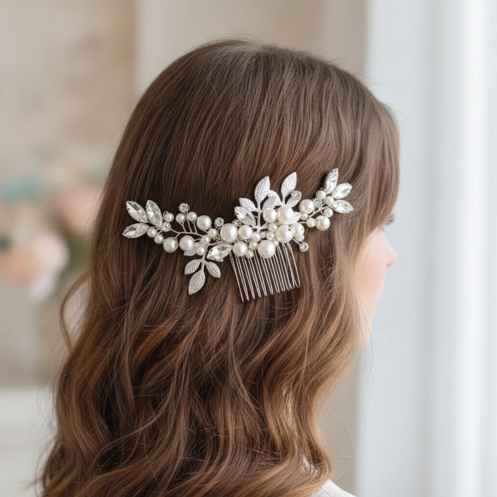 Pearl & Leaf Silver Hair Comb Silver Pearl