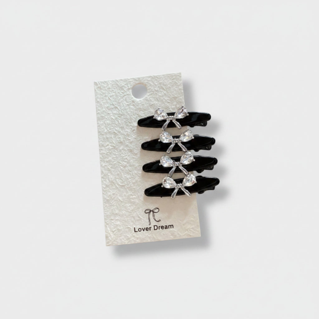 Rhinestone Black Clip Hair Pin Set Bow Rhinestone
