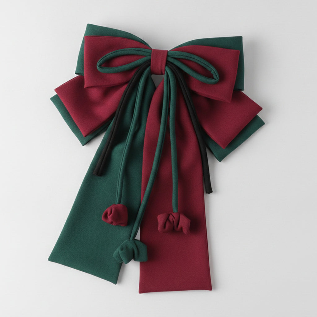 Ribbon Bow Hair Claw Clip - Burgundy & Forest