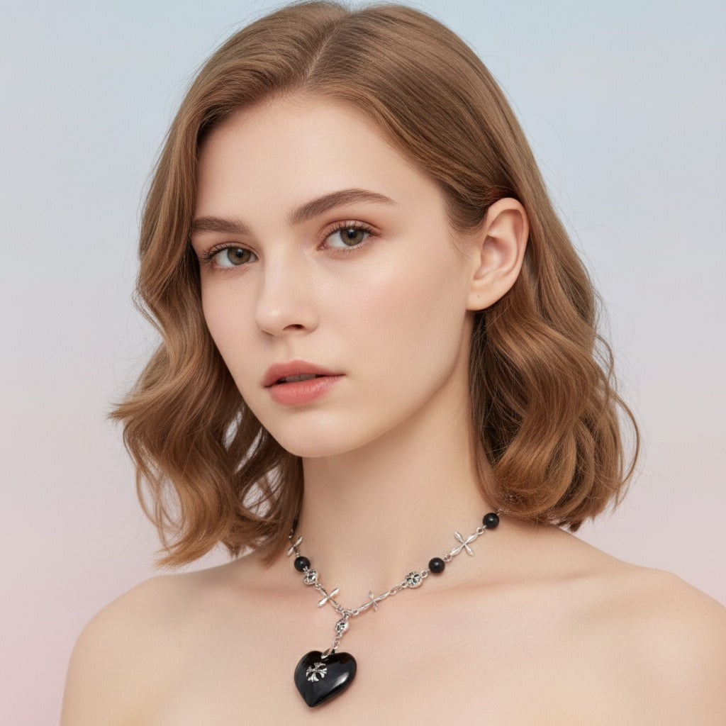 Cross Heart Charm Necklace - Black