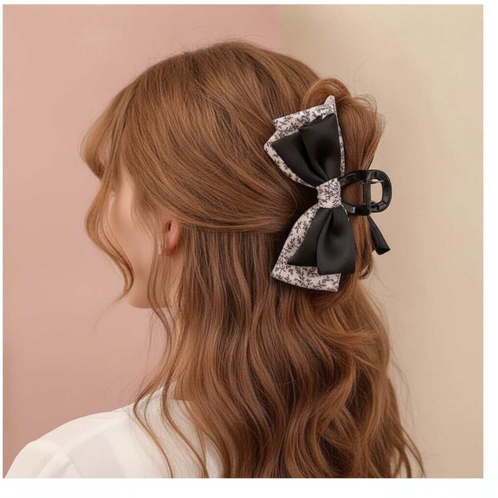 Floral Satin Bow Hair Claw - White Floral