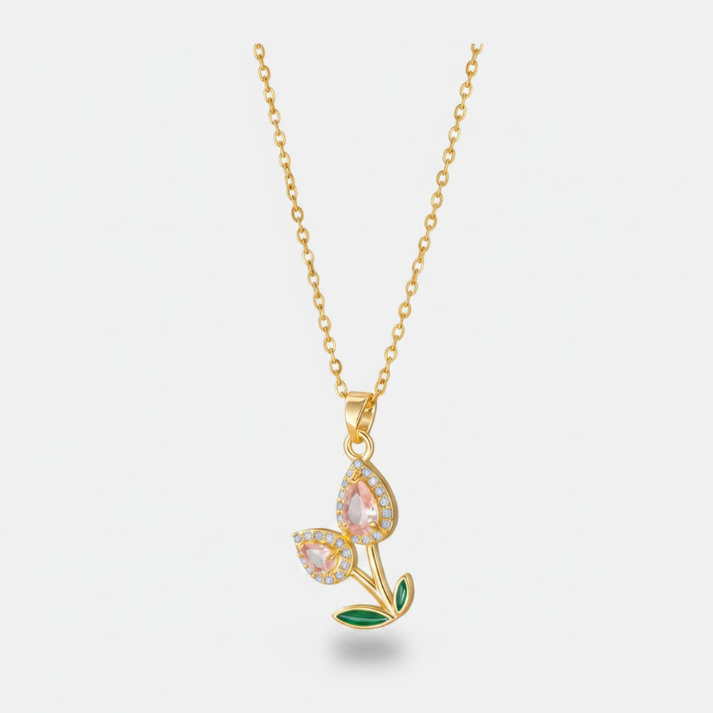 Flower Teardrop Rhinestone Chain Necklace - Pink Diamond Tulip Necklace Gold – jewelry (view 1)