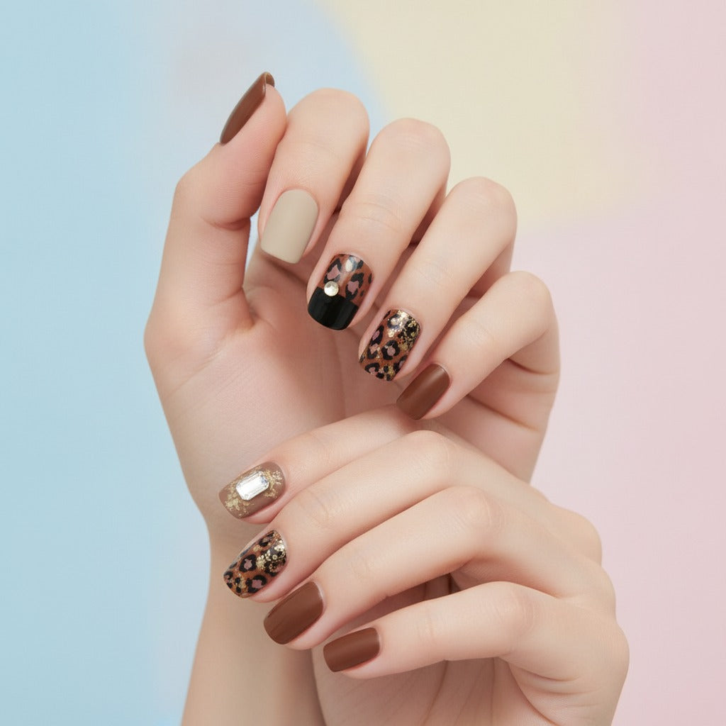 Leopard Luxe Press-On Nail Set - Leopard & Gems