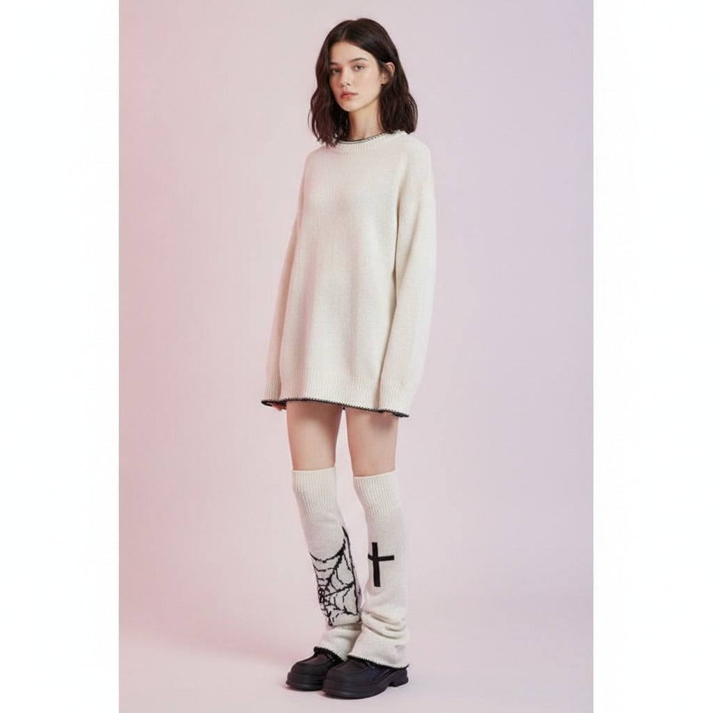 Gothic Cross Knit Arm Warmers - White