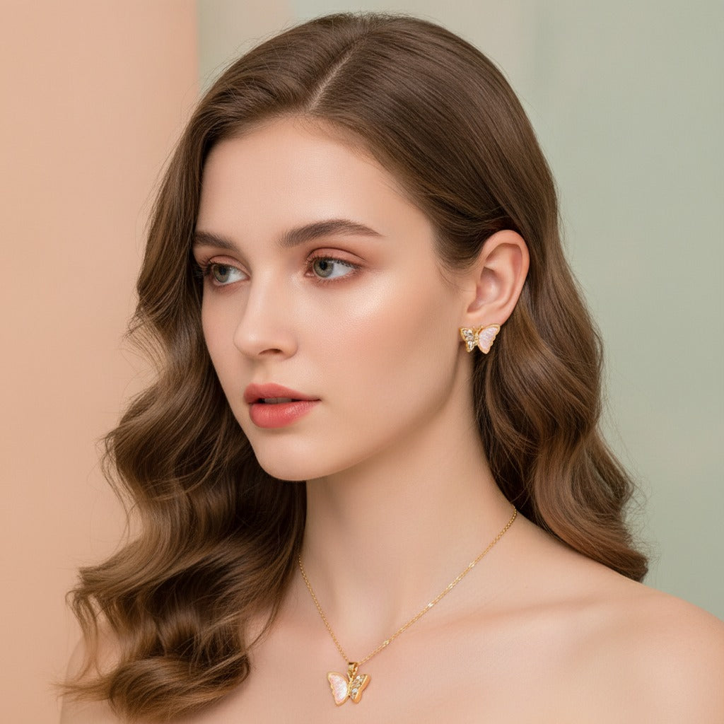 Butterfly Shell Necklace & Earring Set - Gold