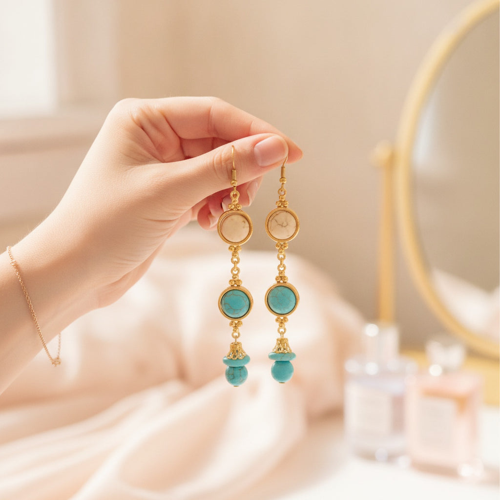 Turquoise & Cream Beaded Drop Earrings Turquoise & Cream