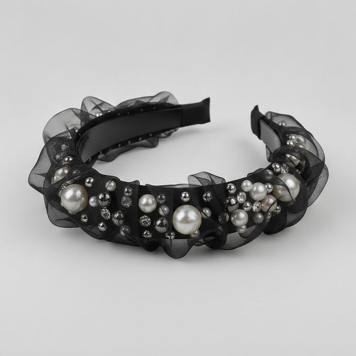 Pearl & Rhinestone Padded Headband - Black Pearl
