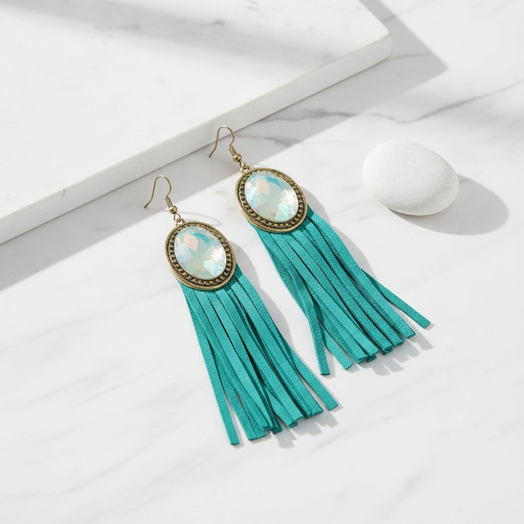 Opal Stone Tassel Dangle Earring - Teal