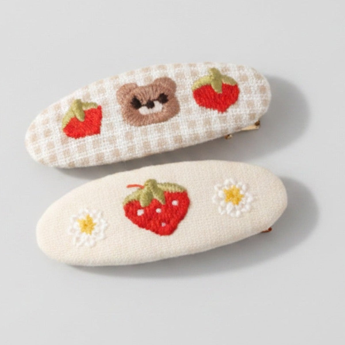 Embroidered Oval Hair Clip Duo - Cream Berry – hair accessories (view 1)