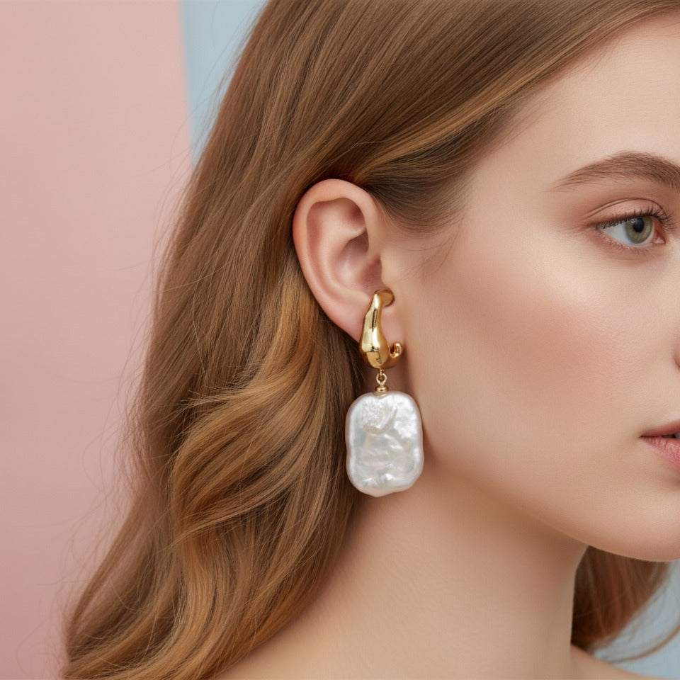 Twisted Pearl Drop Earrings - Square Pearl