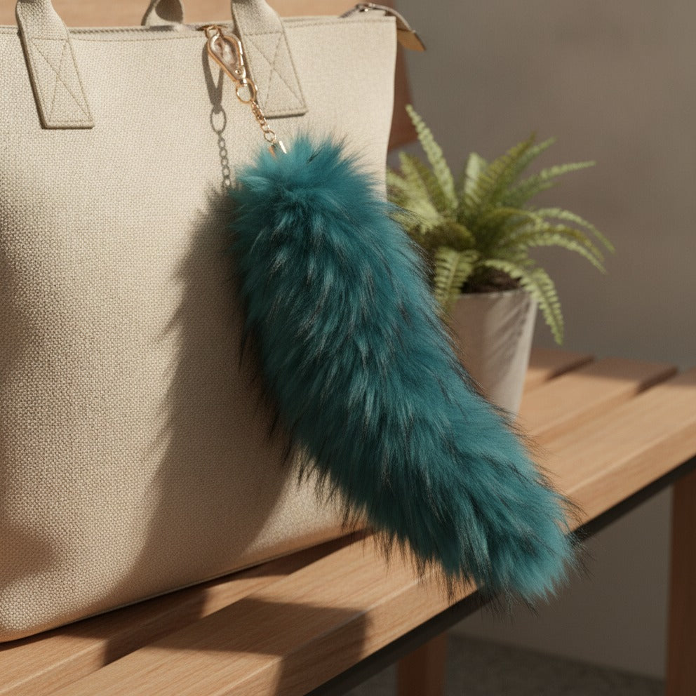 Fluffy Faux Fur Tail Keychain - Peacock Blue