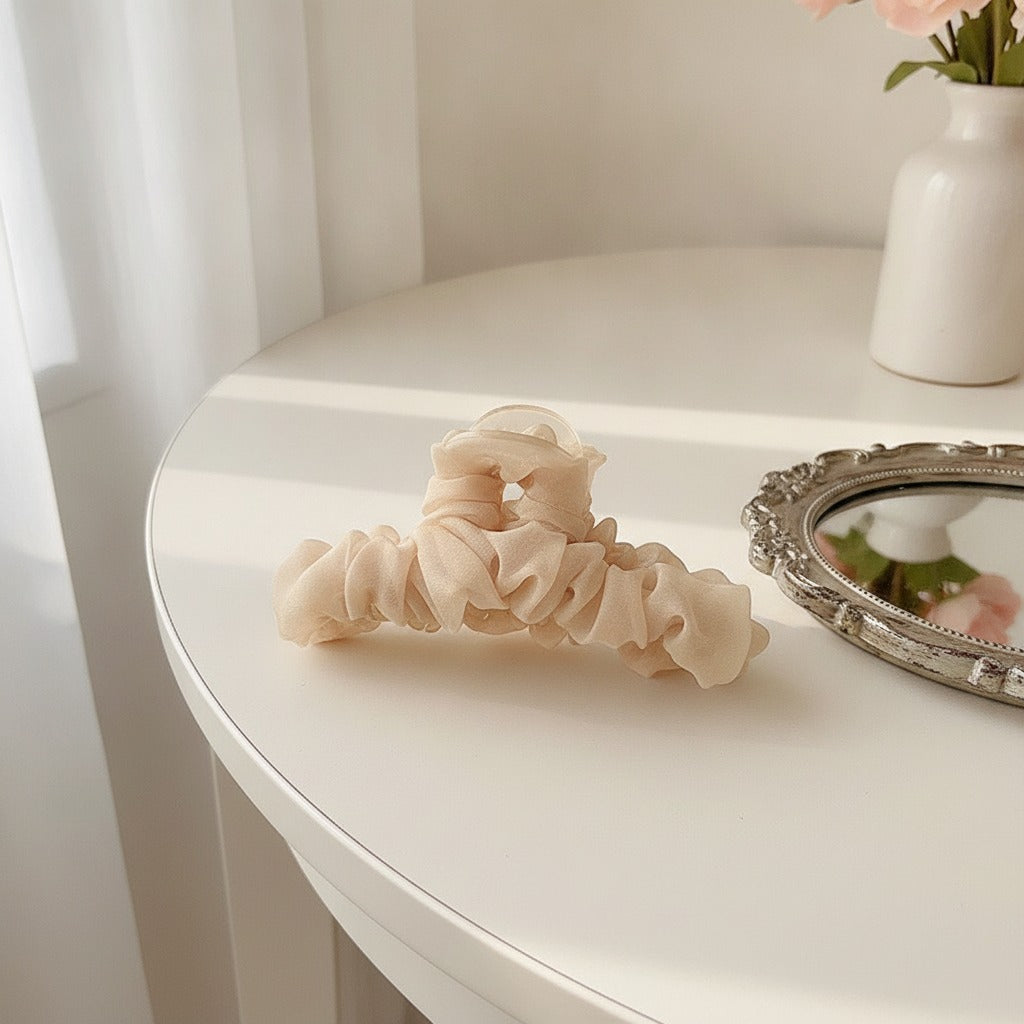 Ruched Satin Hair Claw - Cream