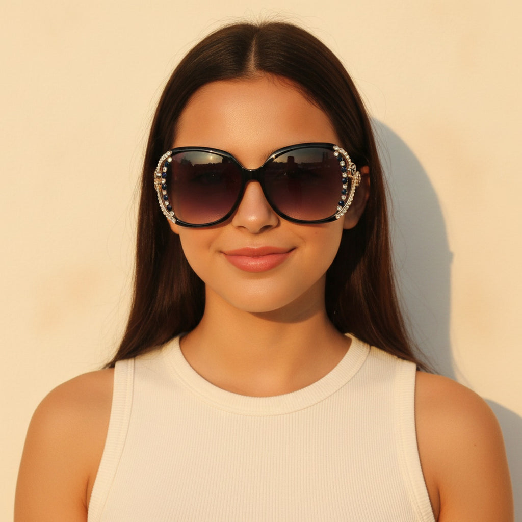 Rhinestone Oval Gradient Sunglasses Black Frame