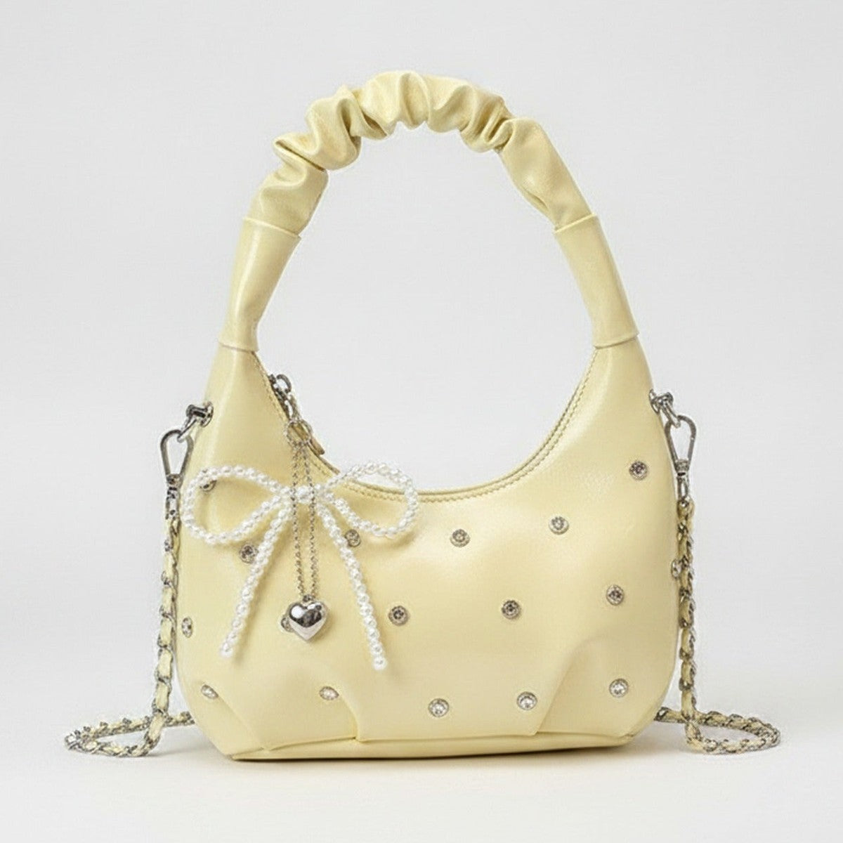Cream Patent Hobo Bag With Pearl Drape Charms – bags & wallets (view 1)