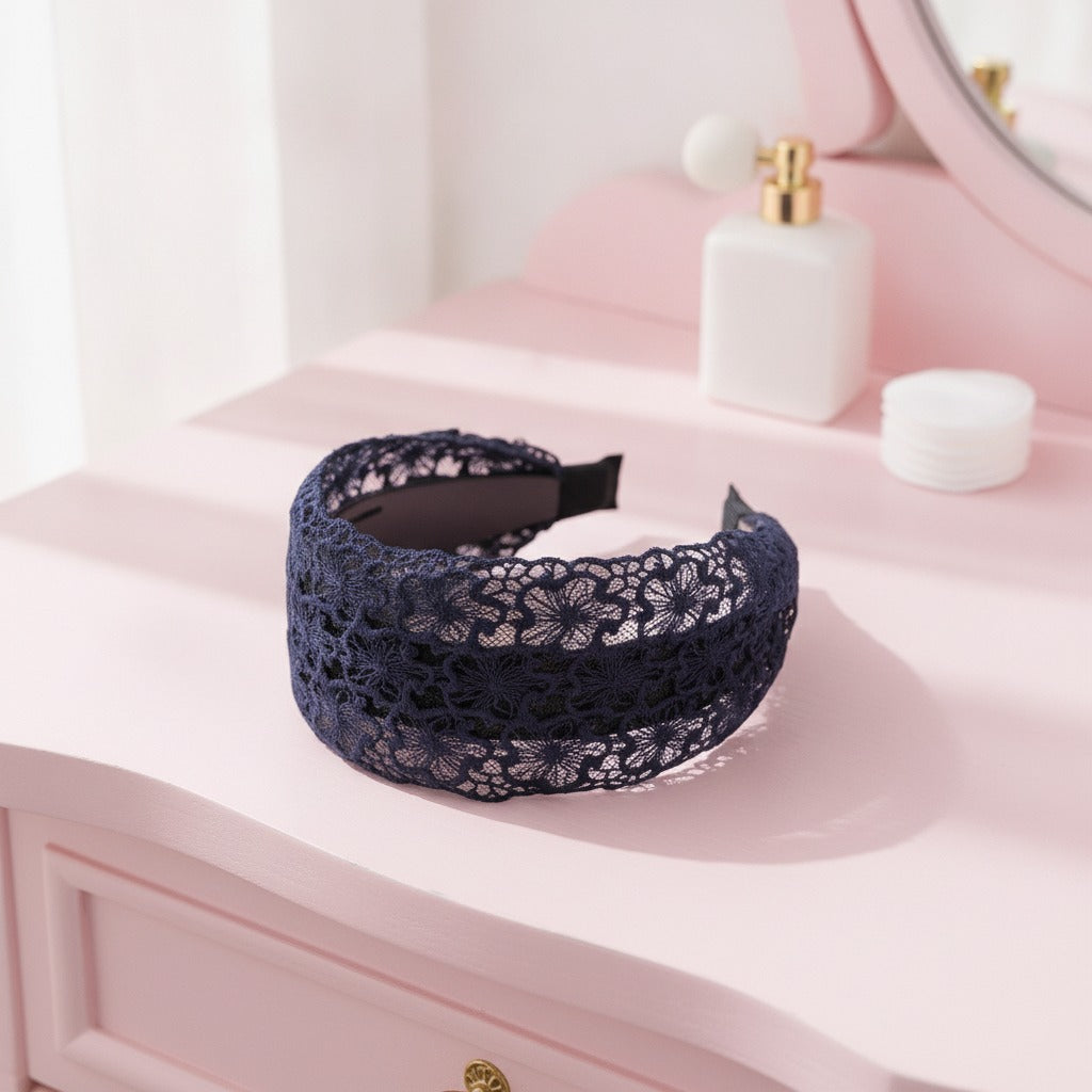 Embroidered Lace Padded Headband - Navy