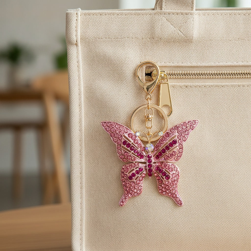 Rainbow Rhinestone Butterfly Keychain - Pink