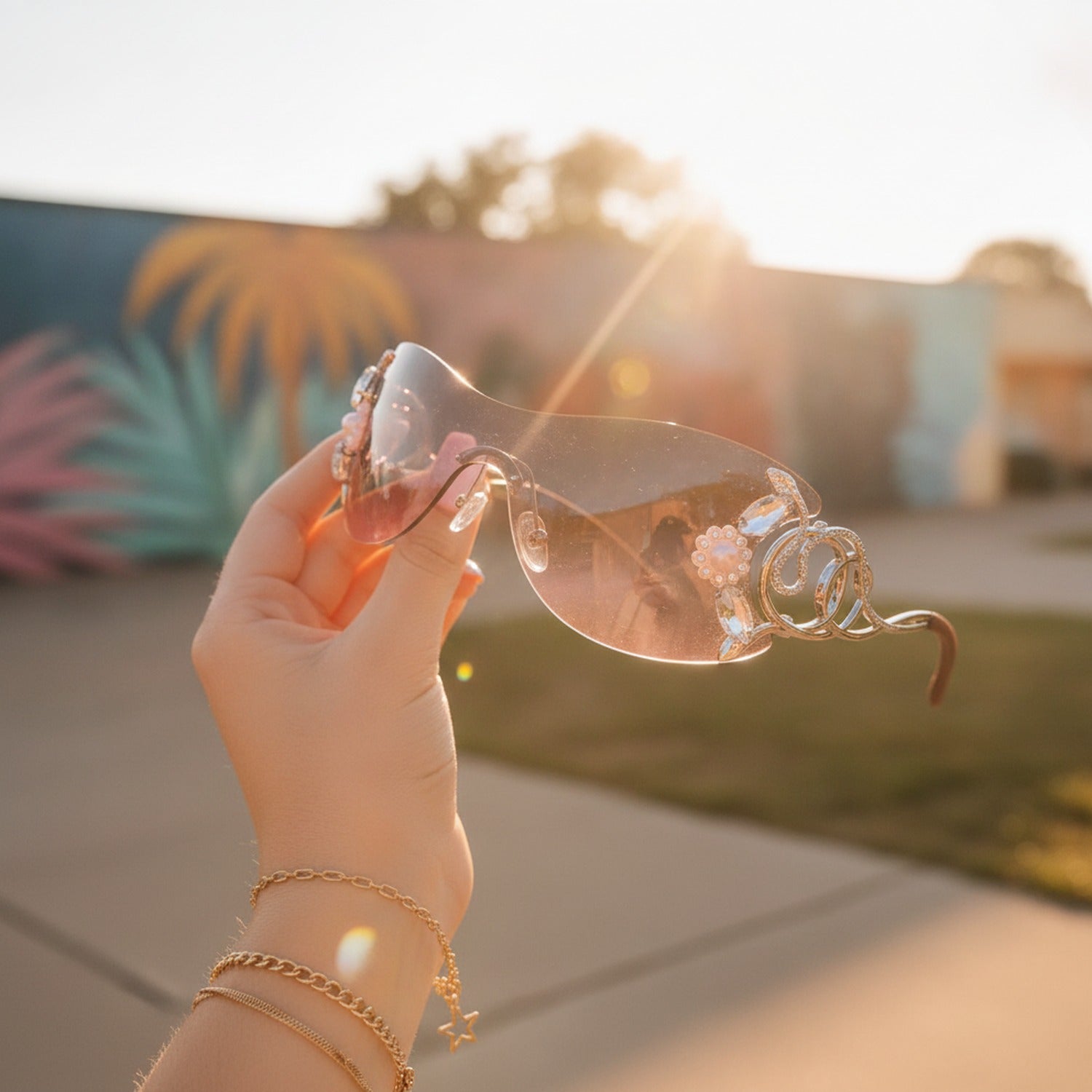 Jeweled Shield Sunglasses Pink Gradient