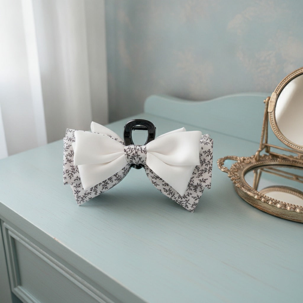 Floral Satin Bow Hair Claw - White Floral