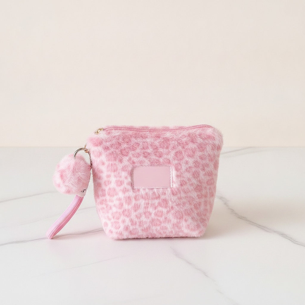 Fuzzy Leopard Zip Pouch - Light Pink